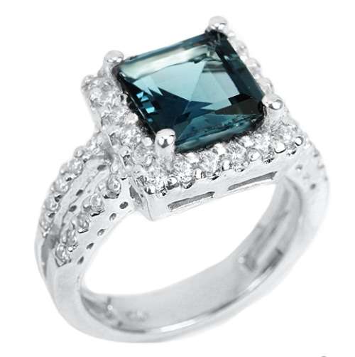 Natural London Blue Topaz & White CZ in Solid .925 Sterling Silver 14K White Gold Ring Size 5.5 / L