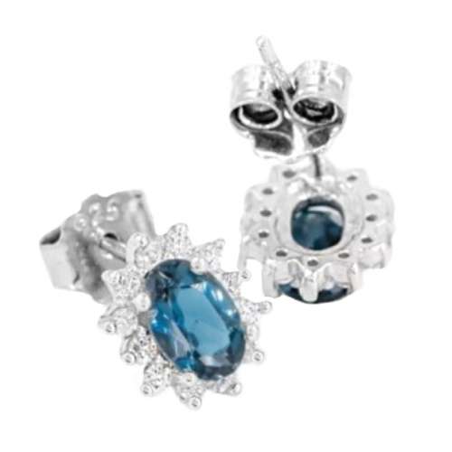 7.2 cts Natural London Blue Topaz CZ in Solid .925 Sterling Silver 14K White Gold  Stud Earrings