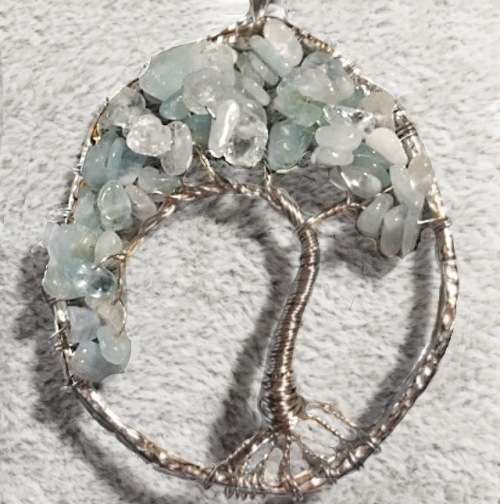 Handmade Natural  Aquamarine Tree Of Life Solid 925 Sterling Silver and White Gold Pendant