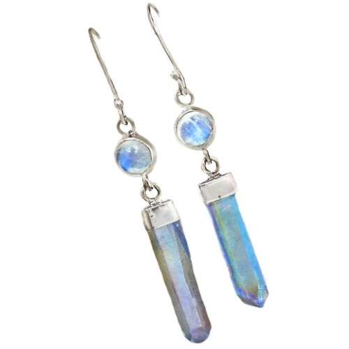 Natural Aqua Aura Quartz and Rainbow Moonstone Gemstone Solid .925 Sterling Silver Earrings