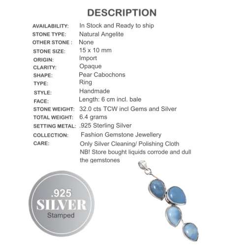 Natural Angelite Oval Gemstone set in  925 Sterling Silver Plated Handmade Pendant