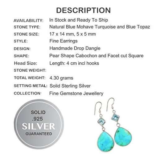 Natural Blue Mohave Turquoise, Blue Topaz Gemstone Solid .925 Sterling Silver Earrings