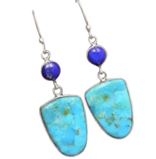 Natural Turquoise, Lapis Lazuli  Gemstone set in Solid .925 Sterling Silver Earrings
