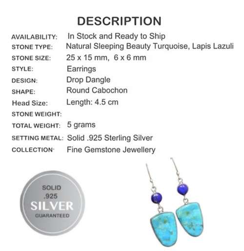 Natural Turquoise, Lapis Lazuli  Gemstone set in Solid .925 Sterling Silver Earrings