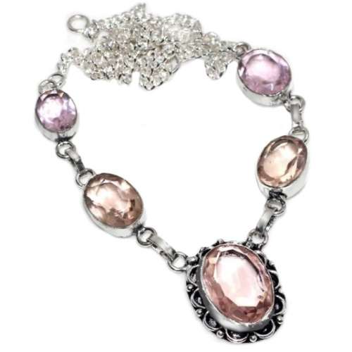 Dainty Antique Style Morganite and Pink Topaz Gemstone .925 Sterling Silver Necklace