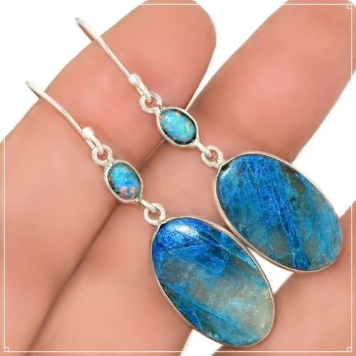 Natural Lightning Azurite in Quartz, Fire Opal set in Solid .925 Sterling Silver Earrings