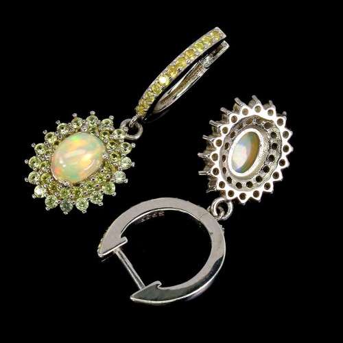 Deluxe Natural Unheated Fire Opal and Sapphires Gemstone  925 Sterling Silver Earrings
