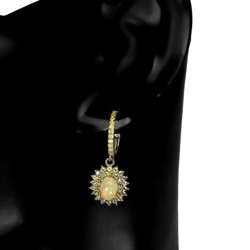 Deluxe Natural Unheated Fire Opal and Sapphires Gemstone  925 Sterling Silver Earrings