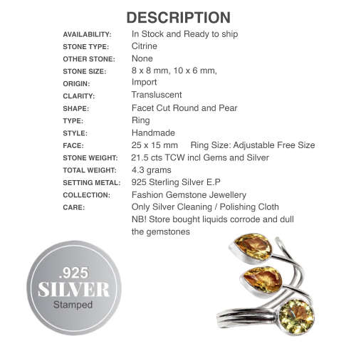 Handmade Golden Citrine Gemstone .925  Sterling Silver Ring Free Size