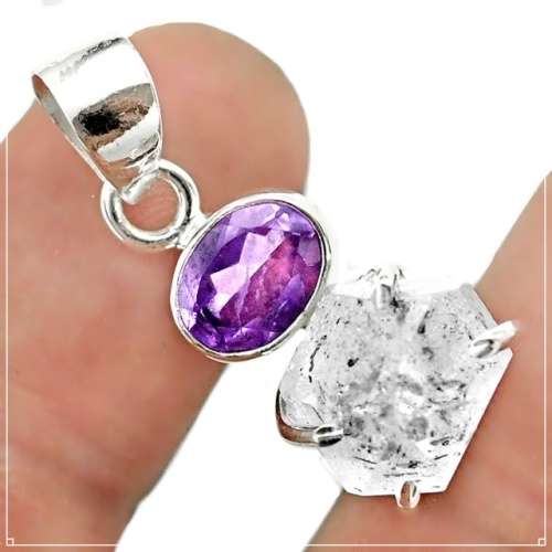 Natural Herkimer Diamond and Purple Amethyst Gemstone set in Solid .925 Sterling Silver Pendant
