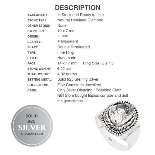 Natural Herkimer Diamond set in Solid Sterling Silver Antique Style Ring Size US 7.5 or P