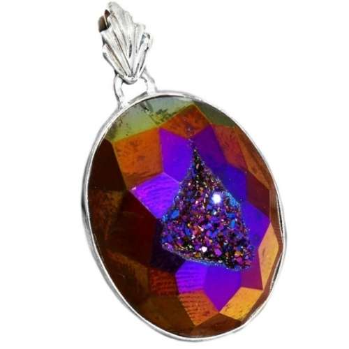 Natural Titanium Aura Druzy set in Solid 925 Sterling Silver Handmade Pendant