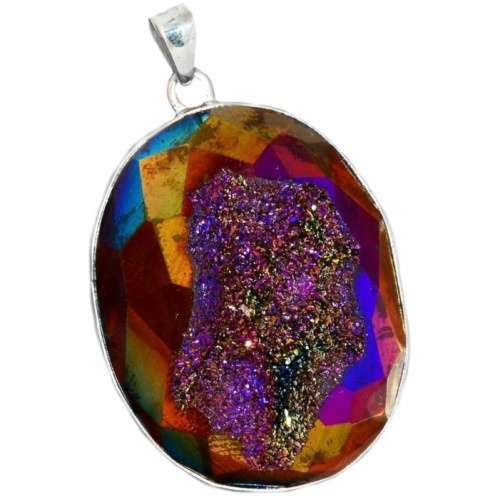 Natural Titanium Aura Druzy set in Solid 925 Sterling Silver Pendant