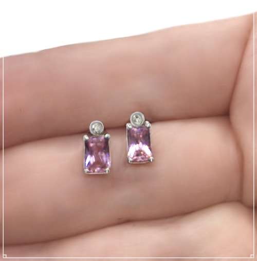 Natural Pink Sapphire and Diamond Gemstone Solid .925 Sterling Silver Stud Dainty Earrings