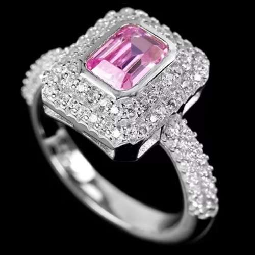 Deluxe Emerald Cut Pink and White Cubic Zirconia's set in Solid .925 Silver 14K W/G Ring Size 7 or O