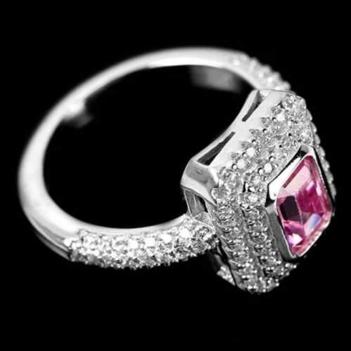 Deluxe Emerald Cut Pink and White Cubic Zirconia's set in Solid .925 Silver 14K W/G Ring Size 7 or O