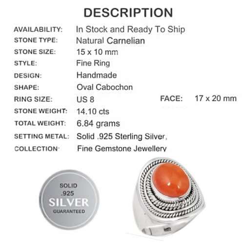 4.10 cts Natural Carnelian Solid .925 Sterling Silver Ring Size 8 or Q