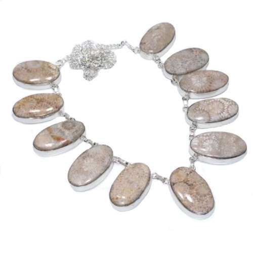 Handmade Natural Fossil Coral Ovals set in .925 Sterling Silver Plated Handmade Necklace