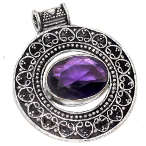 Antique Style Purple Amethyst Oval set in 925 Sterling Silver Plated Handmade Pendant