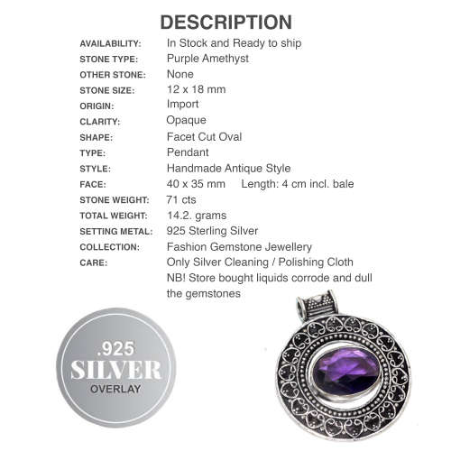 Antique Style Purple Amethyst Oval set in 925 Sterling Silver Plated Handmade Pendant