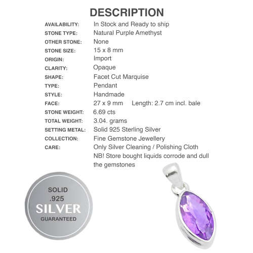 Natural Purple Amethyst Marquise Shape Gemstone Solid .925 Sterling Silver Dainty Pendant
