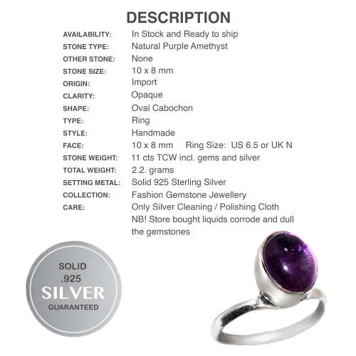 Natural Purple Amethyst Oval Gemstone in .925 Sterling Silver Plated Dainty Ring Size US 6.5 / N