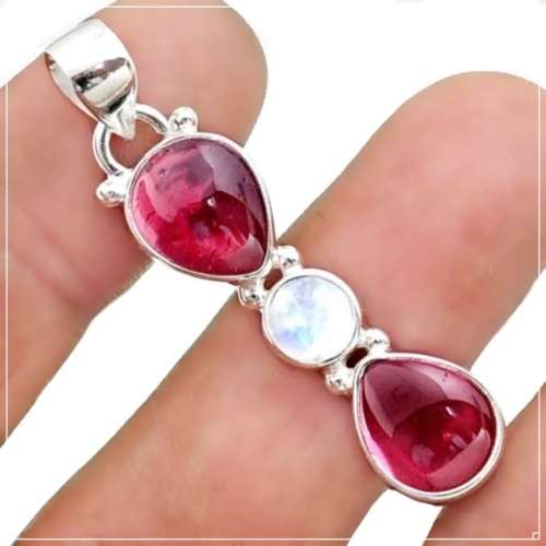 Natural Mozambique Garnet and Rainbow Moonstone Solid .925 Sterling Silver Pendant