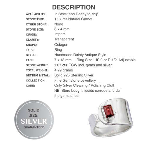 Natural Garnet Gemstones set in Solid .925 Sterling Silver Ring Size 9 or R 1/2 Adjustable