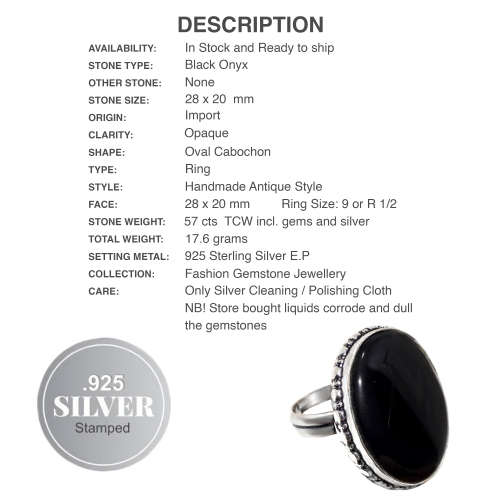 Black Onyx Oval Gemstone set in .925 Sterling Silver Plated Handmade Ring Size US 9 / R 1/2