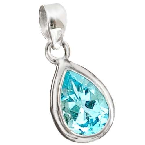 Natural Blue Topaz Pear Shape Gemstone set in Solid .925 Sterling Silver Pendant