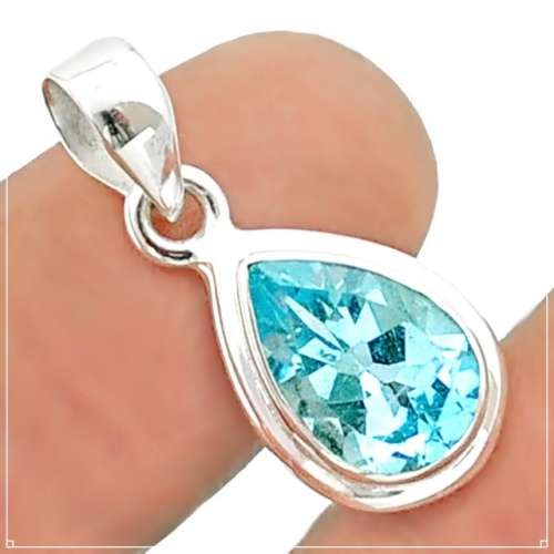 Natural Blue Topaz Pear Shape Gemstone set in Solid .925 Sterling Silver Pendant