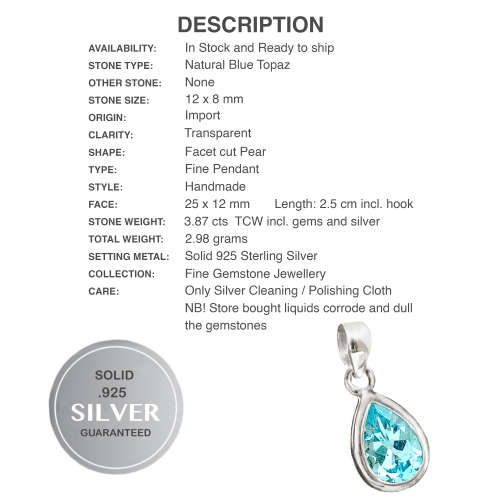 Natural Blue Topaz Pear Shape Gemstone set in Solid .925 Sterling Silver Pendant
