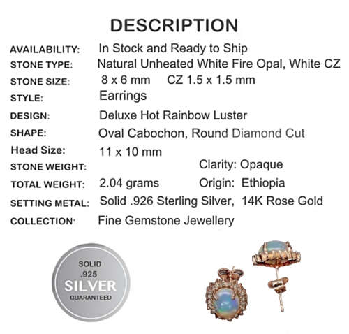 Deluxe Natural Unheated Rainbow Full Flash Fire Opal Solid .925 Silver, Rose Gold Earrings