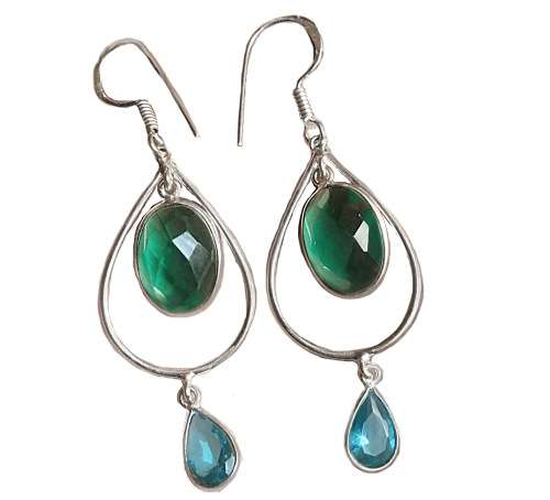 Blue and Green Topaz Simulated Gemstone in .925 Sterling Silver Plated Handmade Earrings