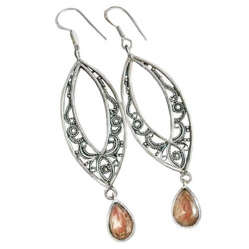 Ornate Faceted Morganite Pear Gemstone set in 925 Sterling Silver Plated  Earrings