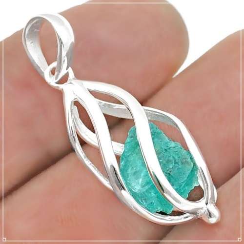 Natural Neon Blue Apatite Rough set in a  Solid .925 Sterling Silver Caged Pendant