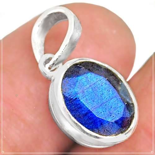 Natural Canadian Blue Fire Labradorite Oval Gemstone set in Solid .925 Silver Sterling Pendant