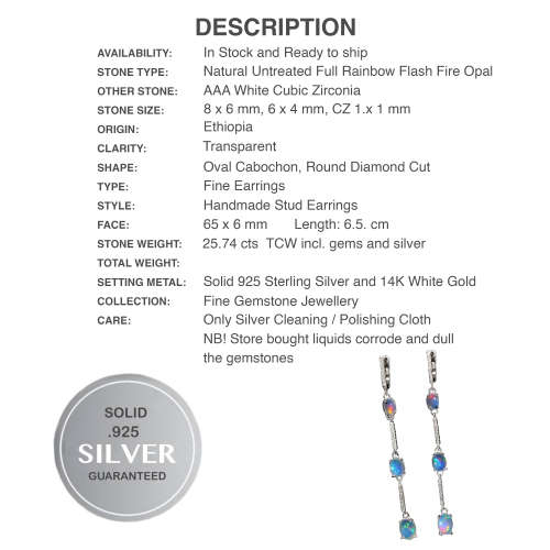 6 Natural Unheated Rainbow Full Flash Fire Opal  Solid .925 Silver Earrings