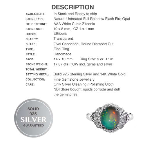 Natural Full Flash Ethiopian Fire Opal White CZ  set in Solid .925 Sterling Ring Size 9/R
