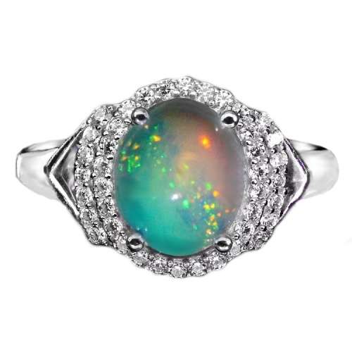 Natural Full Flash Ethiopian Fire Opal White CZ  set in Solid .925 Sterling Ring Size 9/R
