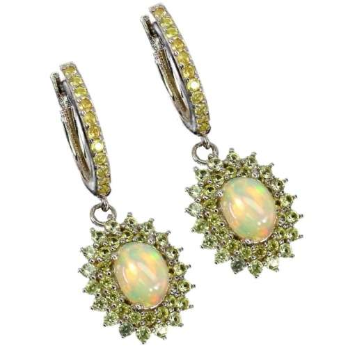 Deluxe Natural Unheated Fire Opal and Sapphires Gemstone  925 Sterling Silver Earrings