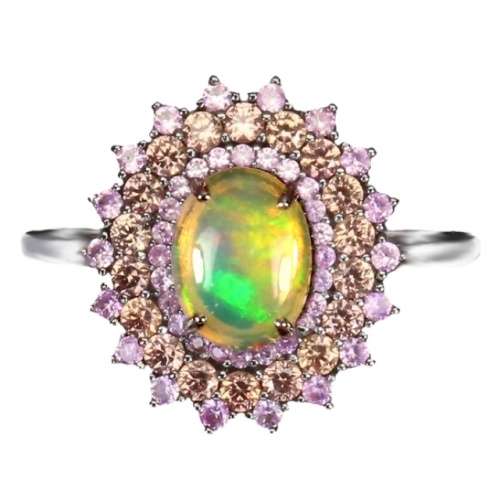 8 x 6 mm Unheated Ethiopian Fire Opal Oval, Sapphires Solid .925 Sterling Ring Size 8 / Q