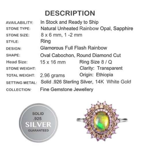 8 x 6 mm Unheated Ethiopian Fire Opal Oval, Sapphires Solid .925 Sterling Ring Size 8 / Q