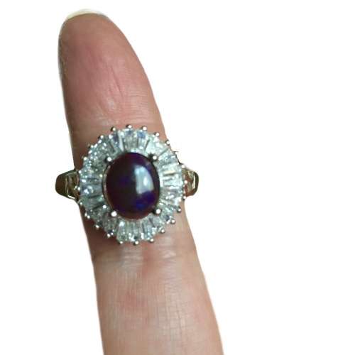 Natural Full Flash Black Fire Opal and White CZ Baguettes in Solid .925 Sterling Silver Ring Sz 8/Q