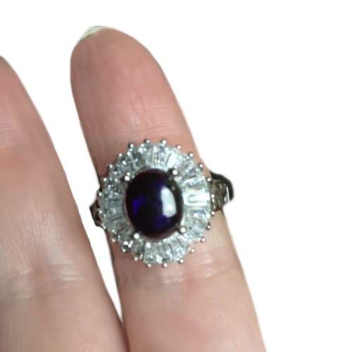 Natural Full Flash Black Fire Opal and White CZ Baguettes in Solid .925 Sterling Silver Ring Sz 8/Q