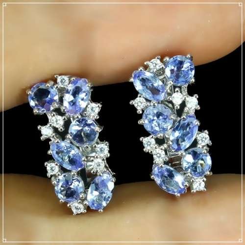 Deluxe Natural Unheated Tanzanite and AAA White CZ Gemstone Solid .925 Silver & White Gold Earrings