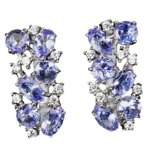 Deluxe Natural Unheated Tanzanite and AAA White CZ Gemstone Solid .925 Silver & White Gold Earrings