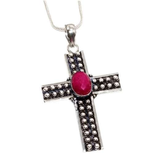 Handmade Antique Style Indian Ruby Gemstone .925 Sterling Silver Plated Cross Necklace