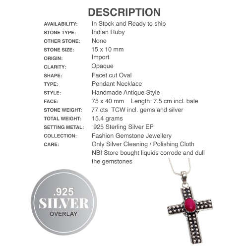Handmade Antique Style Indian Ruby Gemstone .925 Sterling Silver Plated Cross Necklace