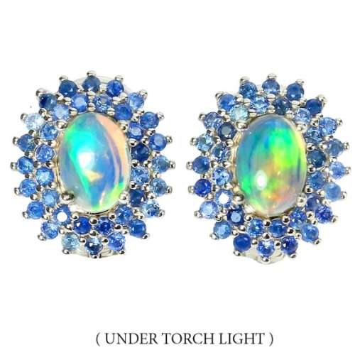 Natural Unheated Rainbow Ethiopian Fire Opal & Blue Sapphire in Solid .925 Sterling Silver Earrings